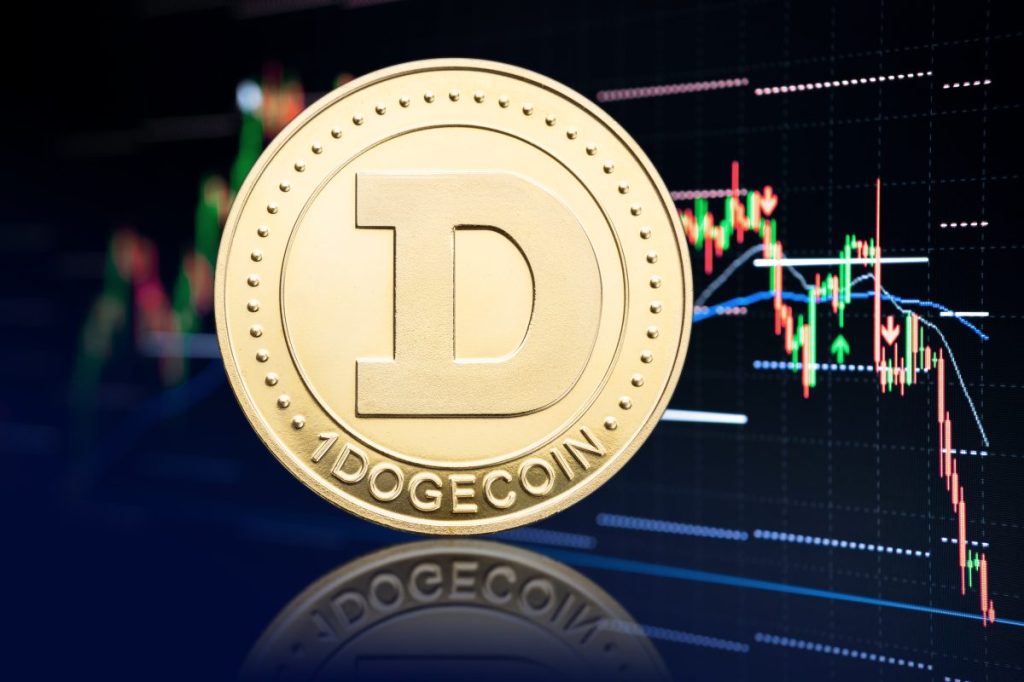 A shiny, gold-colored coin with the word "DogeCoin" and a stylized "D" is set against a blurry financial chart showing trending up and down.