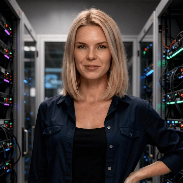 Woman standing between crypto mining racks. The concept of home mining winning over farm mining. Blockchain rewards with smart home mining.